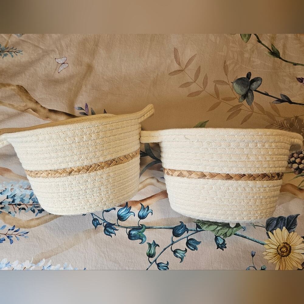 Woven Cream and Tan 2 Small Storage Baskets NWOT